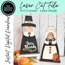 Load image into Gallery viewer, Give Thanks Primitive Pilgrim Thanksgiving SVG File | Laser Cut File | Glowforge | Pilgrims | Thanksgiving | Primitive SVG |Thanksgiving SVG