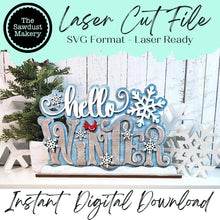 Load image into Gallery viewer, Hello Winter Shelf Sitter Standing Sign File SVG | Winter Laser Cut File | Winter Mantle decor | Christmas SVG | Winter SVG | Word Art Svg
