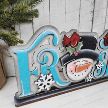Load image into Gallery viewer, Snowman Frosty Shelf Sitter Standing Sign File SVG | Winter Laser Cut File | Winter Mantle decor | Christmas SVG | Snowman Word Art Svg