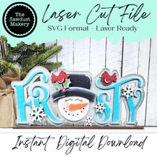 Load image into Gallery viewer, Snowman Frosty Shelf Sitter Standing Sign File SVG | Winter Laser Cut File | Winter Mantle decor | Christmas SVG | Snowman Word Art Svg