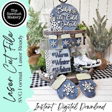 Load image into Gallery viewer, Winter Wonderland Decor Set Tiered Tray SVG File | Laser Cut File | Glowforge | Winter | Skates | Mittens | Winter Shelf Sitter SVG