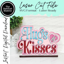 Load image into Gallery viewer, Hugs & Kisses Valentine Word Art Shelf Sitter Standing Sign File SVG | Valentine Laser Cut File | Valentine Mantle decor | Valentine SVG