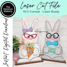 Load image into Gallery viewer, Standing Bunny Couple Shelf Sitters SVG File | Laser Cut File | Easter | Glowforge| Nerdy Glasses | Shelf Sitters | Nerdy Bunny SVG | Easter