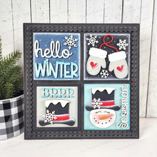 Load image into Gallery viewer, Hello Winter Sign Laser Cut File | Laser Cut File | Interchangeable Frame | Winter Sign Inserts | Snowman SVG | Winter Sign Bundle