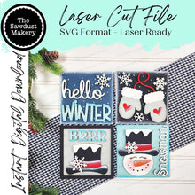 Load image into Gallery viewer, Hello Winter Sign Laser Cut File | Laser Cut File | Interchangeable Frame | Winter Sign Inserts | Snowman SVG | Winter Sign Bundle