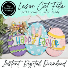 Load image into Gallery viewer, Happy Easter Egg Door Hanger Sign SVG | Laser Cut File | Glowforge | Easter SVG |Easter laser cut file | Bunny Ear svg | Easter Decor