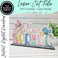 Load image into Gallery viewer, Hello Spring Word Art Shelf Sitter Standing Sign File SVG | Spring Laser Cut File | Spring Mantle decor | Spring Shelf Sitter SVG