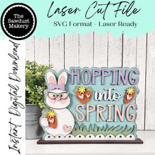 Load image into Gallery viewer, Hopping into Spring Word Art Shelf Sitter Standing Sign File SVG | Spring Laser Cut File | Spring Mantle decor | Easter Shelf Sitter SVG