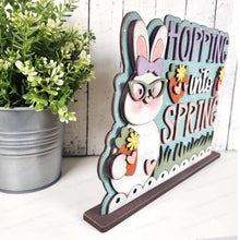 Load image into Gallery viewer, Hopping into Spring Word Art Shelf Sitter Standing Sign File SVG | Spring Laser Cut File | Spring Mantle decor | Easter Shelf Sitter SVG