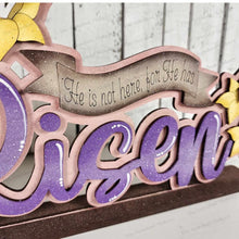 Load image into Gallery viewer, He is Risen Easter Word Art Shelf Sitter Standing Sign File SVG | Easter Laser Cut File | Spring Mantle decor | Easter Shelf Sitter SVG