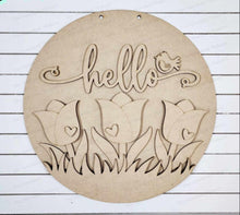 Load image into Gallery viewer, Hello Tulips Door hanger SVG Laser File | Spring Laser Cut Files | Laser cut SVG | Glowforge | Spring Door Hanger svg | Spring svg