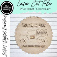 Load image into Gallery viewer, Welcome Spring Truck Scallop Round Door hanger SVG Laser File | Spring Tulip Laser Cut File | Laser Cut SVG | Flower Tulip Truck Door Hanger