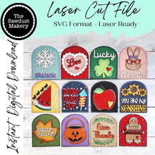 Load image into Gallery viewer, Vol. 1 Seasonal Interchangeable Small Arched Boho Sign Bundle SVG Laser Cut File | Boho Signs | Seasonal Interchangeable SVG