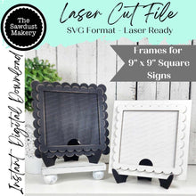 Load image into Gallery viewer, Decorative Interchangeable Scalloped Sign Holder | 9" x 9" Sign Holder | Scallop Scrolled Frame SVG | Laser Cut File | Interchangeable Frame