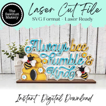Load image into Gallery viewer, Bee Humble & Kind Word Art Shelf Sitter Standing Sign File SVG | Bee Laser Cut File | Honey Bee Mantle SVG | Bee Shelf Sitter