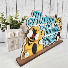 Load image into Gallery viewer, Bee Humble & Kind Word Art Shelf Sitter Standing Sign File SVG | Bee Laser Cut File | Honey Bee Mantle SVG | Bee Shelf Sitter