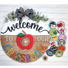 Load image into Gallery viewer, 18" Round Welcome to Our Classroom Door Hanger Sign SVG | Laser Cut File | Glowforge | 3" Round Insert Frame | Seasonal Interchangeable