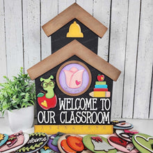 Load image into Gallery viewer, Interchangeable Welcome to our Classroom School House Sign Frame SVG | Laser Cut File | 3" Round Insert Frame | Seasonal Interchangeable