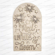 Load image into Gallery viewer, Interchangeable Large Arched Boho Sign Insert | Red White & Boom 4th of July | Laser Cut File | Boho Signs | Seasonal Interchangeable SVG