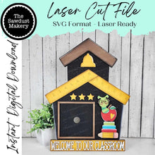 Load image into Gallery viewer, Interchangeable Welcome to our Classroom School House Sign Frame SVG | Laser Cut File | 4.25" sign Insert Frame | Seasonal Interchangeable