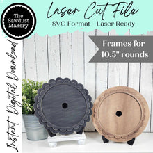 Load image into Gallery viewer, Decorative Interchangeable Scallop Frame Bundle SVG | Laser Cut File | Glowforge | 10.5" Round Sign Insert Frame | Seasonal Interchangeable