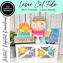 Load image into Gallery viewer, Hello Summer Decor Tiered Tray set SVG File | Laser Cut File | Glowforge | Sunshine | Popsicle svg | Sun | Summer SVG | Mason Jar svg