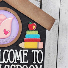 Load image into Gallery viewer, Interchangeable Welcome to our Classroom School House Sign Frame SVG | Laser Cut File | 3" Round Insert Frame | Seasonal Interchangeable