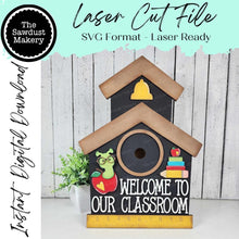 Load image into Gallery viewer, Interchangeable Welcome to our Classroom School House Sign Frame SVG | Laser Cut File | 3" Round Insert Frame | Seasonal Interchangeable