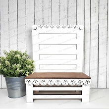 Load image into Gallery viewer, Farmhouse Scallop Trim Chair Display Stand SVG | Display Bench SVG | Laser Cut File | Tiered Tray Holder SVG | Home Decor Mantle svg file