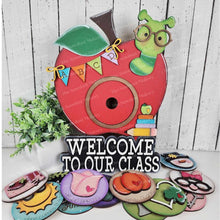 Load image into Gallery viewer, Interchangeable Welcome to our Classroom Apple Sign Frame SVG | Laser Cut File | 3" Round Insert Frame | Seasonal Interchangeable