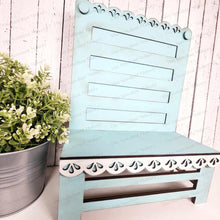 Load image into Gallery viewer, Farmhouse Scallop Trim Chair Display Stand SVG | Display Bench SVG | Laser Cut File | Tiered Tray Holder SVG | Home Decor Mantle svg file