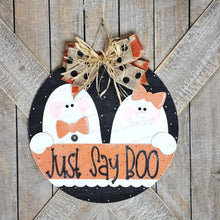 Load image into Gallery viewer, Just Say Boo Ghost Door Hanger | Halloween | Door Hanger | SVG File | Laser Cut File | Ghost SVG | Fall SVG Decor | Halloween svg