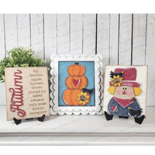 Load image into Gallery viewer, Autumn Fall Scarecrow Trio Sign Bundle Laser Cut File | Interchangeable Frame | Fall Sign Inserts | 5" x 6.25" signs
