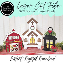 Load image into Gallery viewer, Farmhouse Christmas Votive Shelf Sitter SVG File | Laser Cut File | Christmas SVG | Barn SVG | Votive Candles | Christmas Lantern svg