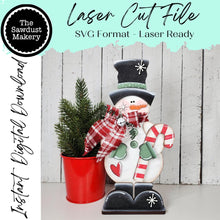 Load image into Gallery viewer, Standing Candy Cane Snowman SVG File | Laser Cut File | Standing Snowman SVG | Snowman Shelf Sitter | Winter Snowman SVG