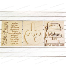 Load image into Gallery viewer, Autumn Apple Cider Trio Sign Bundle Laser Cut File | Interchangeable Frame | Fall Sign Inserts | 5" x 6.25" signs