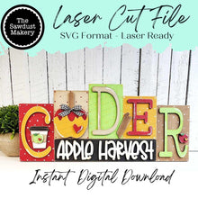 Load image into Gallery viewer, Cider Apple Harvest Word Block SVG | Word Block SVG | SVG File | Laser Cut File | Glowforge | Mantle Decor svg | Autumn Carmel Apple svg