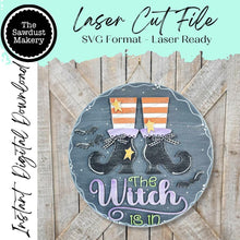 Load image into Gallery viewer, The Witch is In Halloween | Door Hanger | SVG File | Laser Cut File | Witch Boots | Halloween SVG