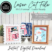 Load image into Gallery viewer, Winter Snowmen Sign Trio Bundle Laser Cut File | Interchangeable Frame | Christmas & Winter Sign Inserts | 5" x 6.25" signs | Snowman svg