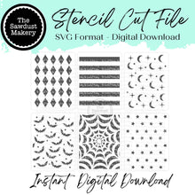 Load image into Gallery viewer, Digital Stencil Set | Halloween Mini Stencil Set | Stencil SVG | Bats | Stars | Stripes | Harlequin | Moon & Stars | Stencil File