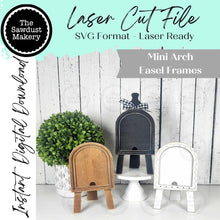 Load image into Gallery viewer, Mini Arch Easel Interchangeable Frame Sign Holder | Mini Arch Boho Frame | Scallop Arched Frame Laser Cut File | Interchangeable Frame