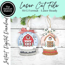 Load image into Gallery viewer, Farmhouse Barn Lighted Snow Globe Ornament SVG File | Laser Cut File | Fairy Light Ornament svg | Ornament SVG | Winter svg