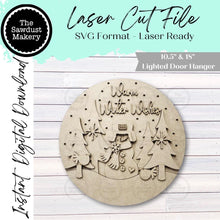 Load image into Gallery viewer, Snowman Warm Wishes Light up Round Door Hanger Sign File SVG | Christmas Laser Cut File | Winter Door Hanger | Snowman Svg | Winter svg