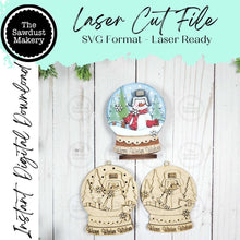 Load image into Gallery viewer, Winter Snowman Lighted Snow Globe Ornament SVG File | Laser Cut File | Fairy Light Ornament svg | Shelf Sitter SVG | Winter svg