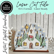 Load image into Gallery viewer, Christmas Church Light up Shelf Sitter Standing Sign File SVG | Christmas Laser Cut File | Winter Mantle decor | Vintage Christmas Svg