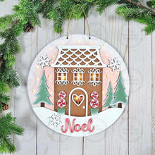 Load image into Gallery viewer, Gingerbread House Noel Light up Round Door Hanger Sign File SVG | Christmas Laser Cut File | Gingerbread Door Hanger | Gingerbread Svg