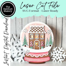 Load image into Gallery viewer, Gingerbread Kisses House Snow Globe Light up Shelf Sitter Standing Sign File SVG | Christmas Laser Cut File | Christmas | Gingerbread SVG