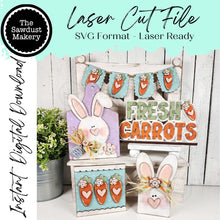 Load image into Gallery viewer, Prim Bunnies & Carrot Decor Set SVG File | Prim Bunny SVG| Laser Cut File | Tiered Tray Decor | Easter SVG File | Prim Easter Decor