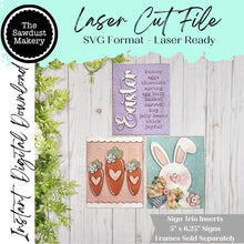 Load image into Gallery viewer, Prim Bunny & Carrot Easter Trio Sign Bundle Laser Cut File | Interchangeable Frame | Easter Sign Insert | 5" x 6.25" signs | Bunny Sign svg