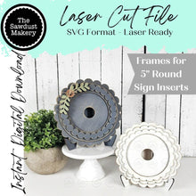 Load image into Gallery viewer, Interchangeable Decorative Scallop and Bead Frame Bundle SVG | Laser Cut File | 5" Round Sign Insert Frame | Seasonal Interchangeable